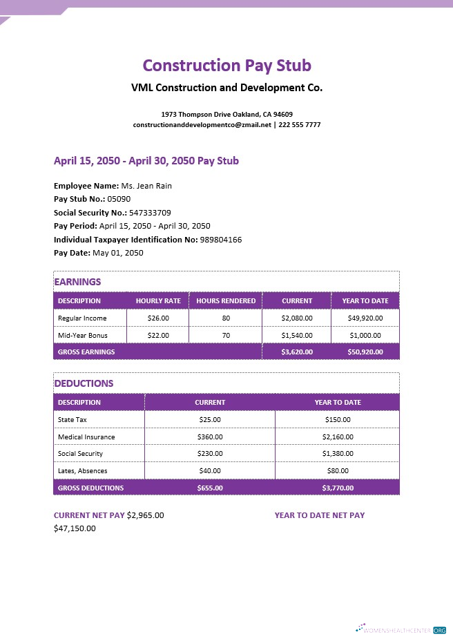 Download construction pay stub Word and PDF template Photoshop template